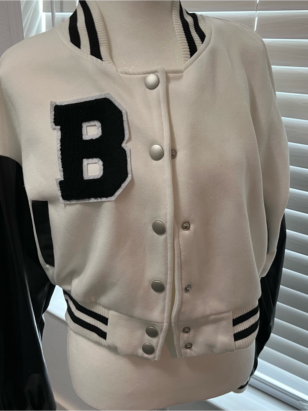 White and Black Varsity Letterman Jacket with 'B' Patch